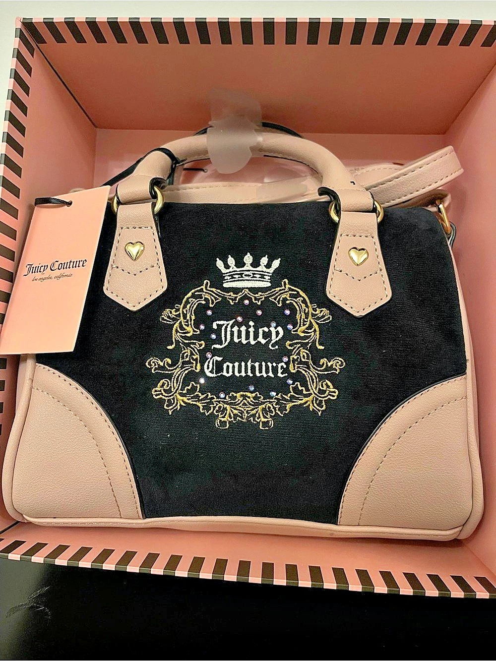 Juicy Couture black & pink handbag with gold logo and crown